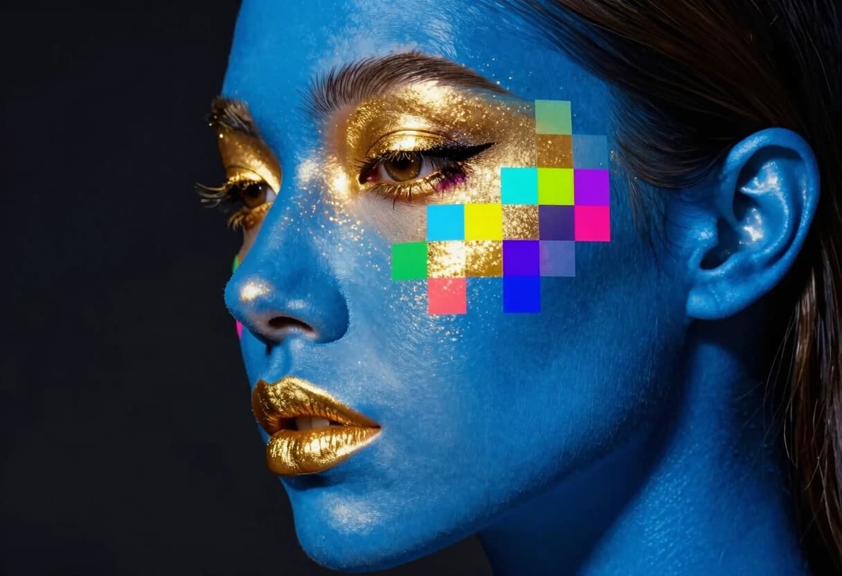 "Woman's face profile, blue skin with gold makeup on eyes and lips, colorful pixelated squares floating around her face, glitter effect, dark background, cyberpunk style."