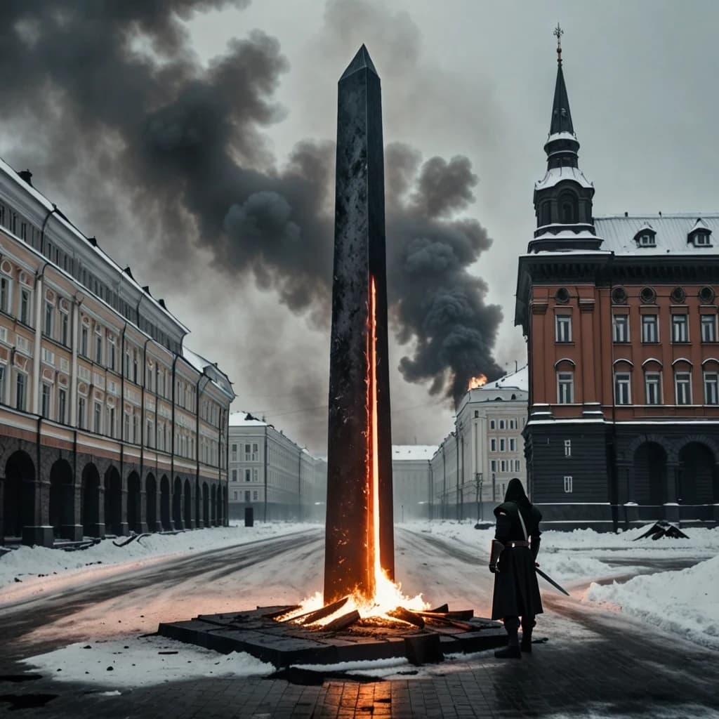 Воин с огненным мечом стоит на площади города и смотрит на высокую трех угольную белую стелу. Рядом стоит русские военные и техника