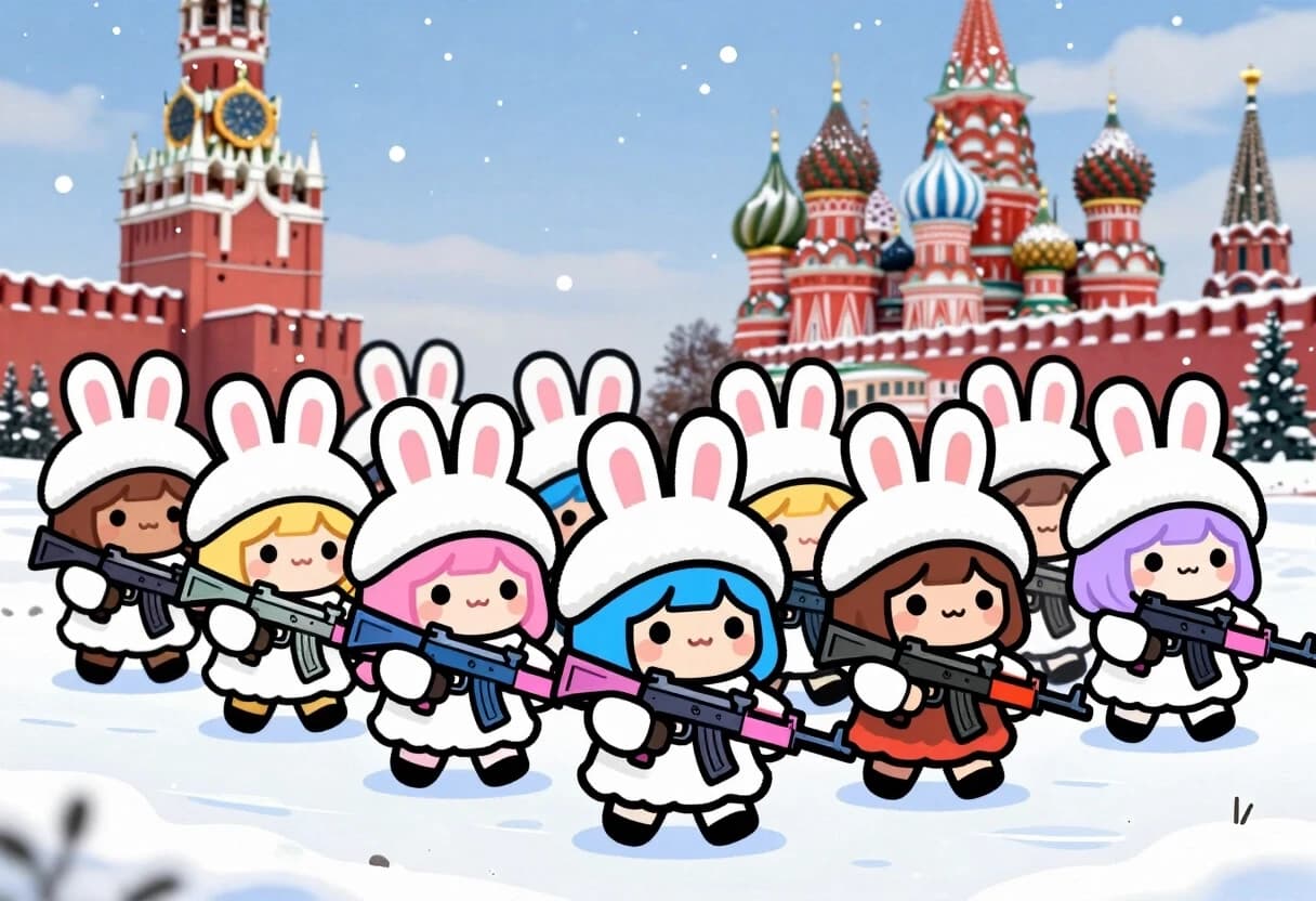Cute kawaii chibi bunny girls with different hair colors (blonde, pink, blue, brown, lavender) marching in multiple dense rows on snowy Red Square. White fluffy fur coats, bunny-ear hats, holding pastel AK rifles. Winter snow, falling snowflakes, Spasskaya Tower and Saint Basil’s Cathedral in background. Soft chibi anime style, adorable.