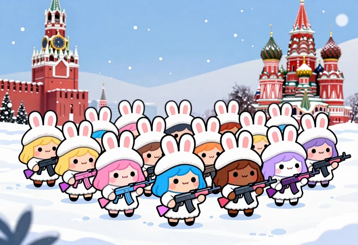 Cute kawaii chibi bunny girls with different hair colors (blonde, pink, blue, brown, lavender) marching in multiple dense rows on snowy Red Square. White fluffy fur coats, bunny-ear hats, holding pastel AK rifles. Winter snow, falling snowflakes, Spasskaya Tower and Saint Basil’s Cathedral in background. Soft chibi anime style, adorable.