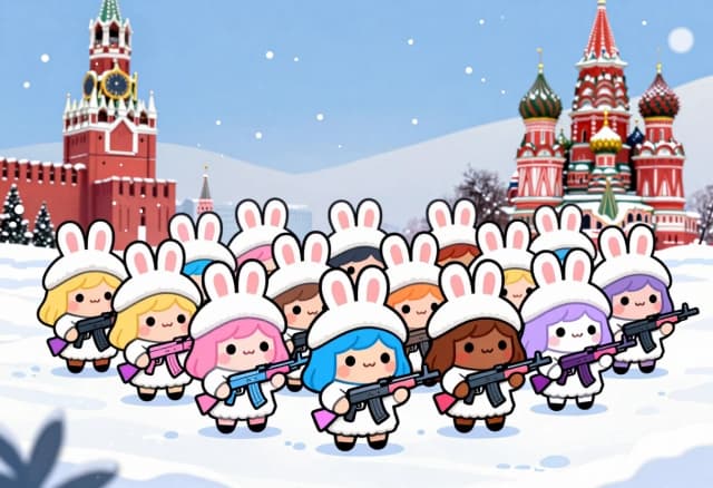 Cute kawaii chibi bunny girls with different hair colors (blonde, pink, blue, brown, lavender) marching in multiple dense rows on snowy Red Square. White fluffy fur coats, bunny-ear hats, holding pastel AK rifles. Winter snow, falling snowflakes, Spasskaya Tower and Saint Basil’s Cathedral in background. Soft chibi anime style, adorable.