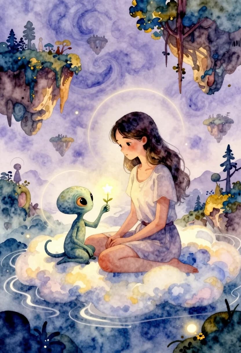Dreamlike watercolor and ink illustration, highly detailed, soft pastel palette with ethereal glow. A young woman is sitting cross-legged on a cloud-like surface in a surreal dreamscape—the ground is made of rippling light, and the sky is a swirl of lavender, gold, and deep blue. Beside her, almost touching her shoulder, sits a small, curious alien creature. It’s not threatening—its large eyes are gentle, its posture relaxed, and it seems to be offering her a tiny glowing flower. The woman’s expression is a mix of wonder and cautious calm; she’s not running or screaming, but she’s clearly aware that this being doesn’t belong in her world. Around them, the dream environment is full of impossible details: floating islands, upside-down trees, and distant figures that fade into mist. The lighting is diffuse and magical, with soft halos around the woman and the creature. The atmosphere is peaceful despite the strangeness—a moment of quiet connection between two beings from different realities. The focus is on the subtle tension and unexpected harmony between the human and the intruder, showing how fear can give way to curiosity and even friendship.