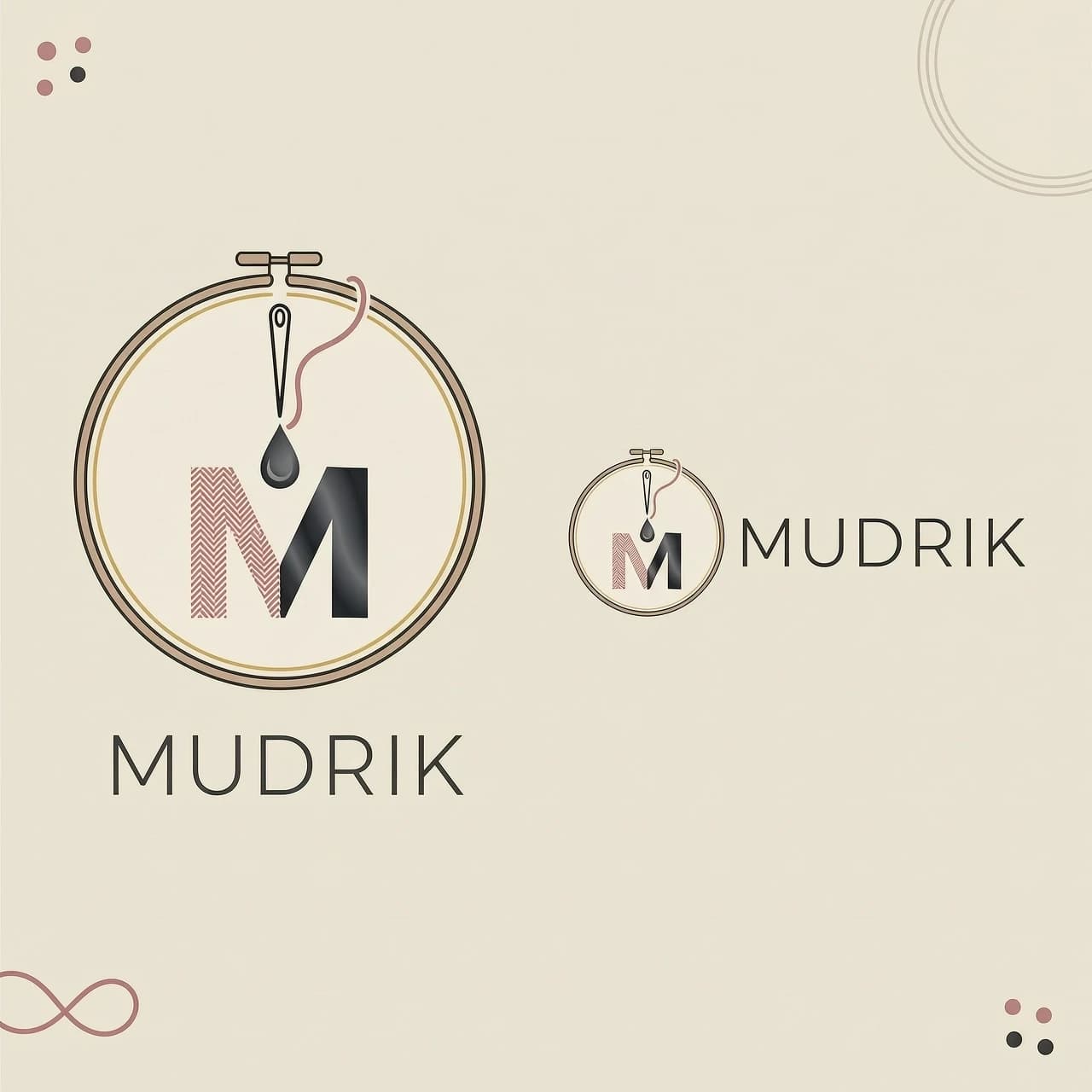 Elegant, minimalist, gentle logo for a machine-embroidery and DTF-printing studio named "Mudrik". Round badge shaped like an embroidery hoop (circular frame). Inside the hoop: a needle with a thread whose tip turns into a soft ink drop, symbolizing the blend of machine embroidery and DTF ink. The initial letter "M" sits at the bottom of the hoop, one half of it made of dense parallel machine-stitch (zigzag) lines, the other half of smooth gradient ink. Below the hoop, the wordmark "MUDRIK" in thin refined lettering with wide letterspacing. Soft warm cream background, delicate dusty-rose accent (thread), deep ink-graphite accent (ink), optional subtle gold detail. Clean flat vector style, lots of negative space, premium, feminine, calm. Two versions: a circular icon badge and a horizontal lockup with the name.