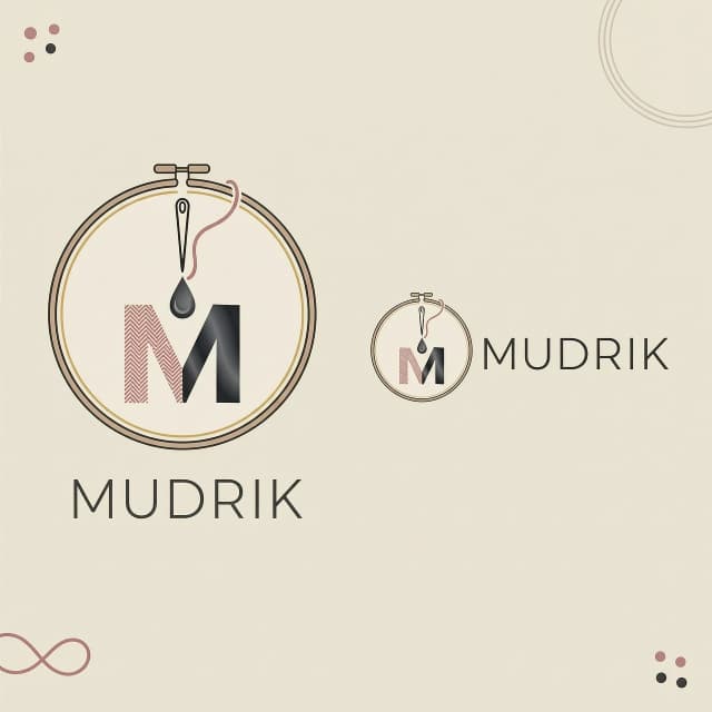 Elegant, minimalist, gentle logo for a machine-embroidery and DTF-printing studio named "Mudrik". Round badge shaped like an embroidery hoop (circular frame). Inside the hoop: a needle with a thread whose tip turns into a soft ink drop, symbolizing the blend of machine embroidery and DTF ink. The initial letter "M" sits at the bottom of the hoop, one half of it made of dense parallel machine-stitch (zigzag) lines, the other half of smooth gradient ink. Below the hoop, the wordmark "MUDRIK" in thin refined lettering with wide letterspacing. Soft warm cream background, delicate dusty-rose accent (thread), deep ink-graphite accent (ink), optional subtle gold detail. Clean flat vector style, lots of negative space, premium, feminine, calm. Two versions: a circular icon badge and a horizontal lockup with the name.
