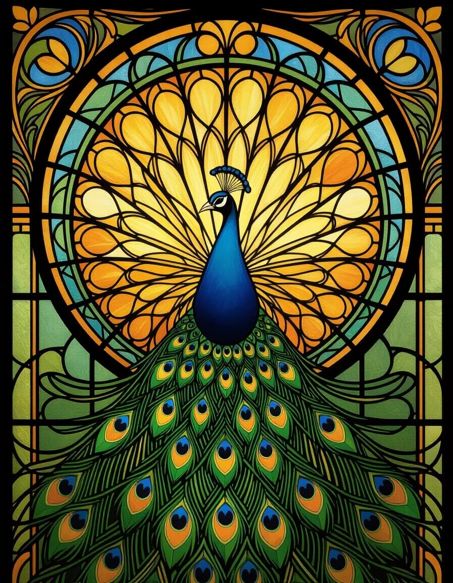 A masterpiece. Create an image. The style is oil painting. ((How an artificial intelligence would depict an Art Nouveau stained glass window with smooth, ornate lines. Stylized peacock with an open tail:1.6)). High resolution. High detail and clear texture of the bright stained glass window. Intense close-up. High quality. Increased attention to small details. The aspect ratio is 3:4. The artist is Alphonse Mucha.
