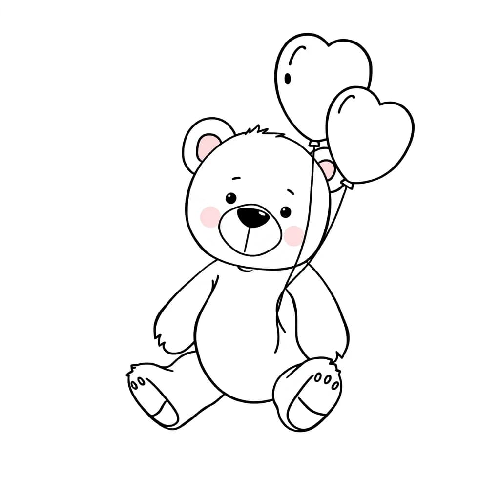 simple minimal teddy bear with ballons Continuous one line drawing in white background