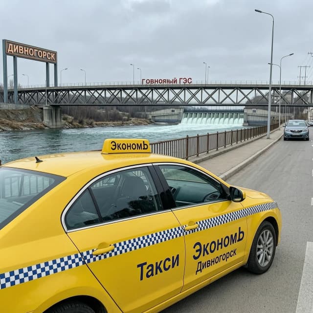 Автомобиль такси жёлтого цвета и на шашечке надпись ЭкономЪ, на дверях надпись Такси ЭкономЪ Дивногорск. На заднем фоне мост через реку Енисей, за мостом красноярская ГЭС. Слева стела с надписью ДИВНОГОРСК. Справа улица набережная дивногорска