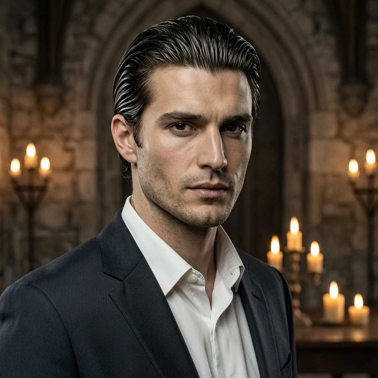 Realistic portrait of a handsome young man in his late 20s, dark brown hair slicked back, sharp jawline, intense dark eyes, aristocratic features, pale skin, wearing a dark tailored suit with a white shirt and no tie, collar slightly open, confident but tired expression, soft shadows, cinematic lighting, shallow depth of field, dark moody background with hints of old castle interior, candlelight, 85mm lens, photorealistic, 8k, hyperdetailed skin texture, subtle stubble