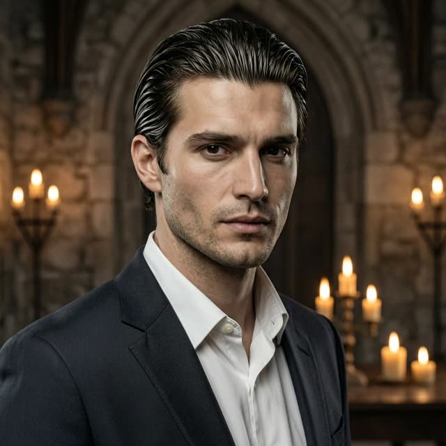 Realistic portrait of a handsome young man in his late 20s, dark brown hair slicked back, sharp jawline, intense dark eyes, aristocratic features, pale skin, wearing a dark tailored suit with a white shirt and no tie, collar slightly open, confident but tired expression, soft shadows, cinematic lighting, shallow depth of field, dark moody background with hints of old castle interior, candlelight, 85mm lens, photorealistic, 8k, hyperdetailed skin texture, subtle stubble