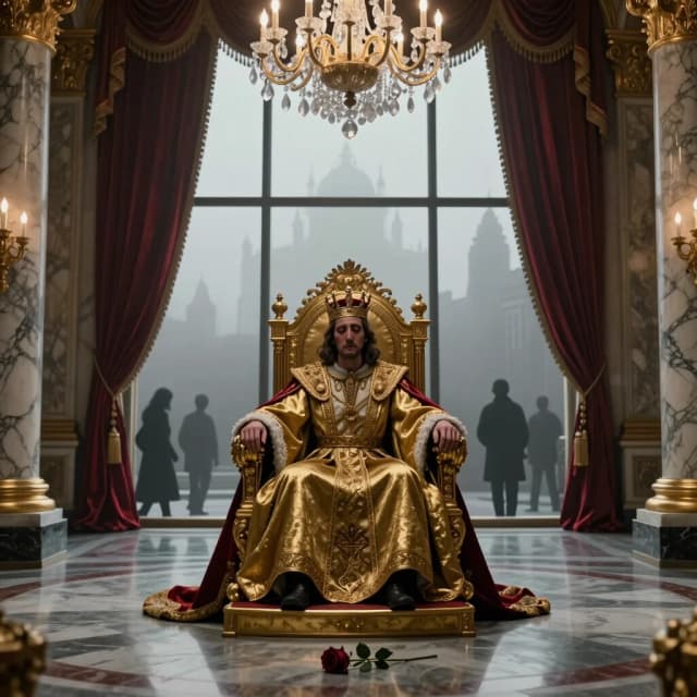 Cinematic photorealistic wide shot of a magnificent imperial throne room, dripping with gold leaf, crystal chandeliers, marble columns, and crimson velvet drapery. In the center, on a massive golden throne, sits a solitary regal figure wearing a heavy crown and luxurious robes. However, their face is melancholic and tired, not triumphant. Through the enormous floor-to-ceiling windows behind the throne, instead of a prosperous kingdom, there is a grey, foggy, empty cityscape with blurred silhouettes of ordinary people who cannot enter. On the polished marble floor near the throne lies a single wilted rose.  Photorealistic, dramatic chiaroscuro, contrast between warm gold and cold grey, philosophical, melancholic, 8k, shallow depth of field, 4:5 aspect ratio.