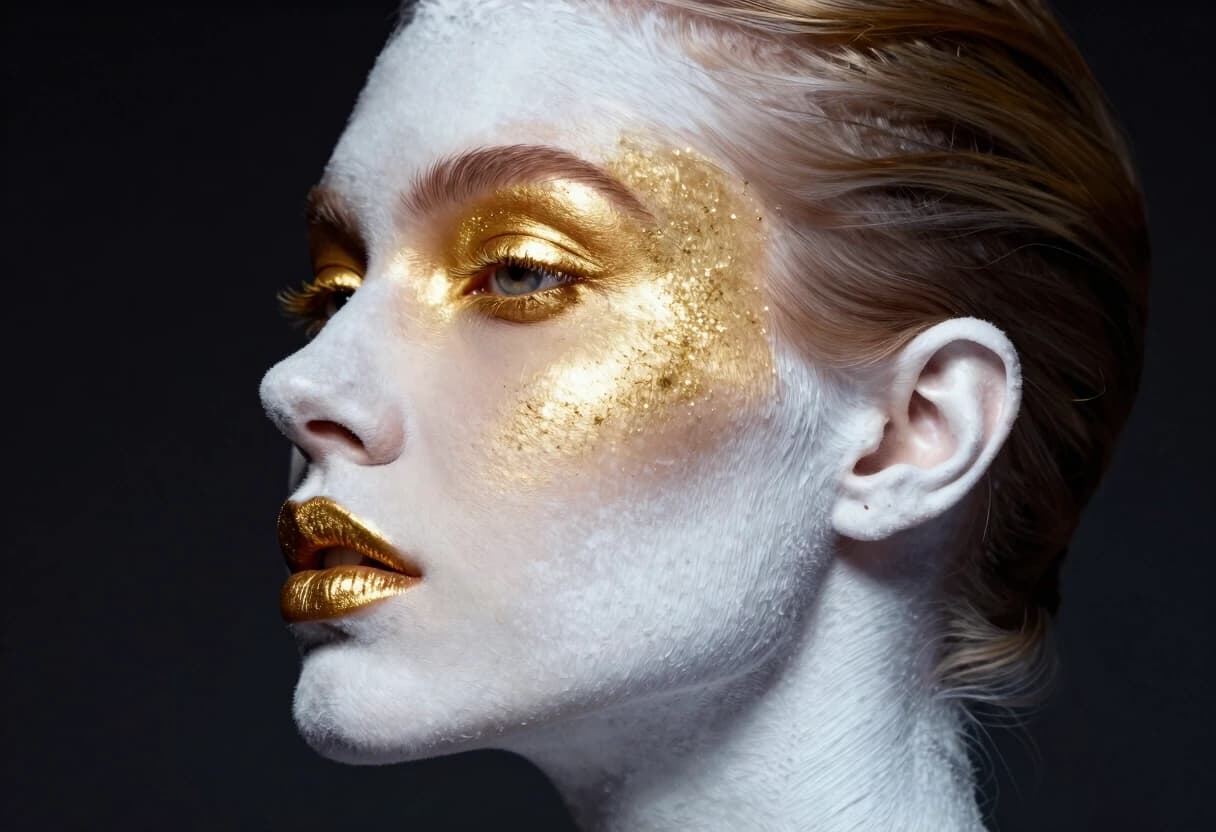 "A woman's profile, SNOW-white skin with golden makeup on her eyes and lips, floating around her face, glitter effect, dark background, cyberpunk style."