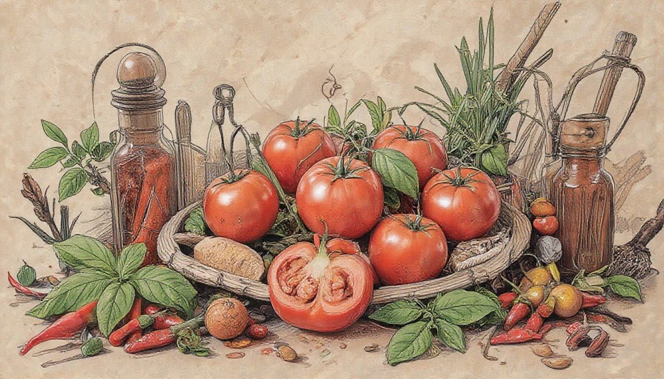 старая бумага.  Tomatos, basilik, chilli peppers, пряночти, специи