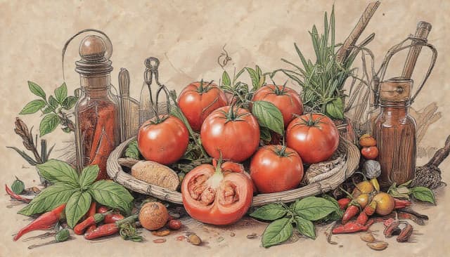 старая бумага.  Tomatos, basilik, chilli peppers, пряночти, специи