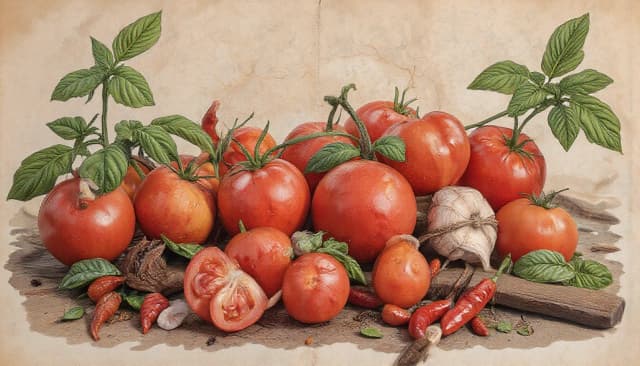 старая бумага.  Tomatos, basilik, chilli peppers, пряночти, специи