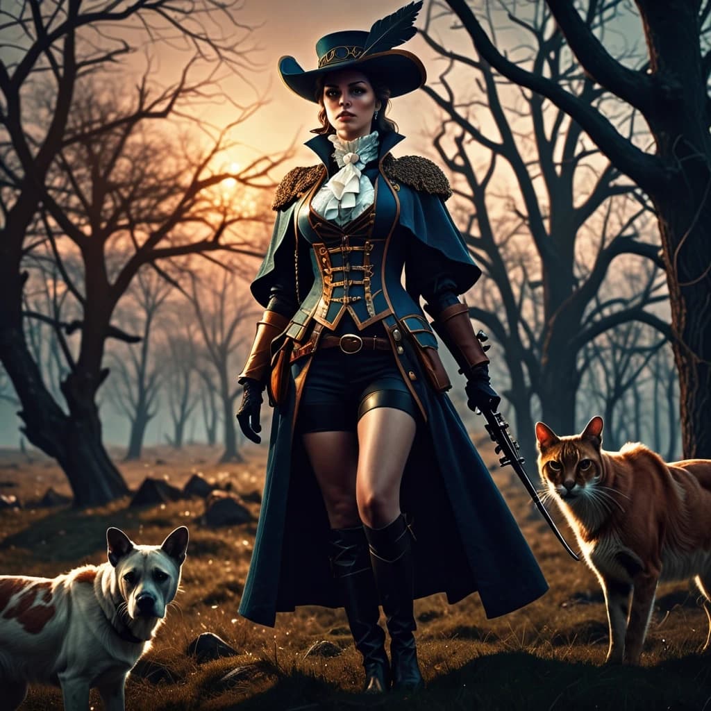 Aristocratic Irresistible Female Hunter, Panorama, Gloomcore, pov, fine artistic composition, magical atmosphere, cinematic perfect intricate stunning fine detail, background inspired, ambient illumination, sublime, great composition, theatrical, illustrious quality