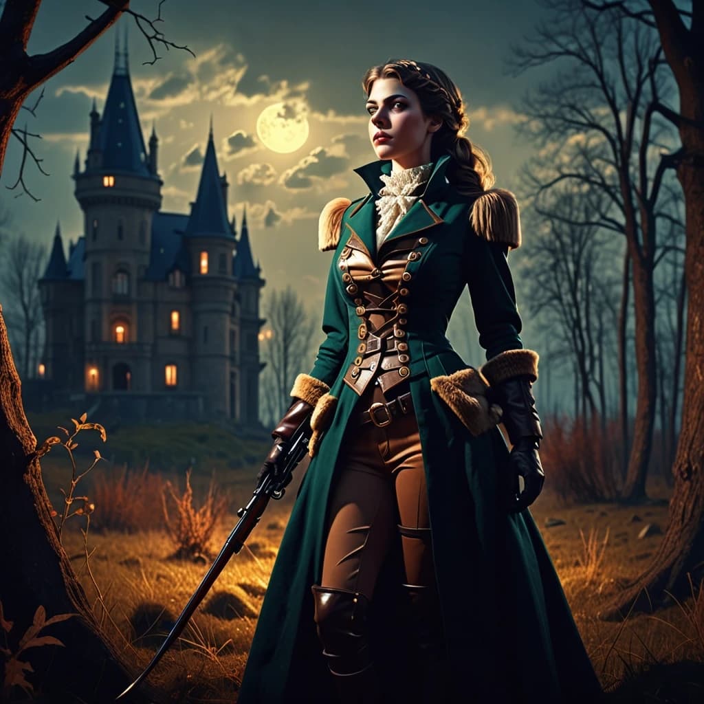 Aristocratic Irresistible Female Hunter, Panorama, Gloomcore, pov, fine artistic composition, magical atmosphere, cinematic perfect intricate stunning fine detail, background inspired, ambient illumination, sublime, great composition, theatrical, illustrious quality