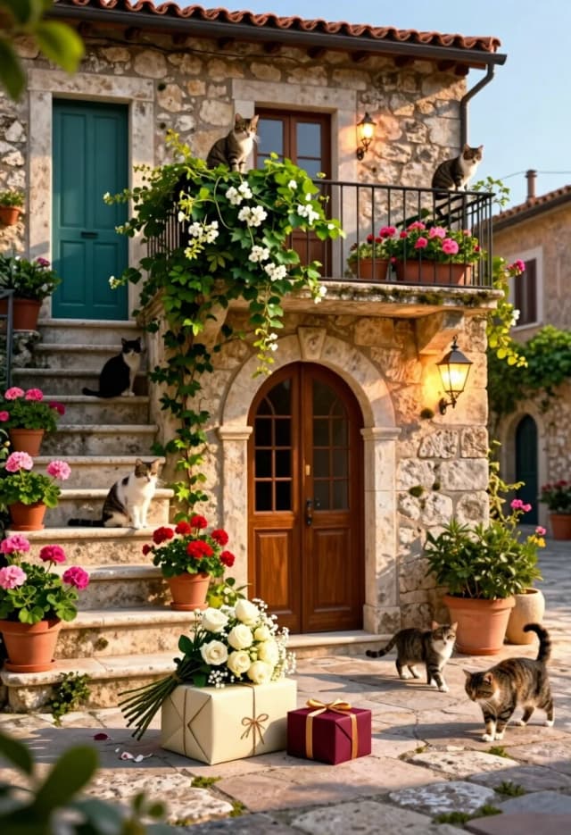 Photorealistic cinematic shot, 8K resolution, hyper-realistic style with a warm Mediterranean atmosphere—a charming stone house rendered with tangible textures and natural lighting.

Composition: a picturesque two-story stone building with a terracotta-tiled roof, centered in a tight medium shot. The facade features weathered beige stone blocks with visible mortar lines, subtle moss patches, and gentle aging. The arched main doorway frames a dark wooden door with a grid of small panes; to the left, a narrow staircase of rough-cut limestone steps leads up to a secondary teal-painted door.

Lush greenery and flowering plants are abundant: climbing vines drape over the balcony railing and archway, spilling cascades of ivy and small white blossoms; terracotta pots hold vibrant geraniums in shades of pink, red, and magenta; smaller planters line the steps and balcony, each with delicate trailing foliage and clusters of blooms. Vintage-style wrought-iron lanterns with warm glowing bulbs hang on either side of the main door, casting soft pools of light on the stone.

Additions for the scene:
коробки на породе у дверей.
Several cats (at least five) in various poses: one sitting regally on the top step, another curled on the balcony railing, a third peeking from behind a potted shrub, a fourth walking across the cobblestones near the door, and a fifth grooming itself beside a planter—each rendered with realistic fur texture, whiskers, and expressive eyes.
Two gift boxes near the main door: one medium-sized rectangular box wrapped in matte cream paper with a simple twine bow, and a smaller square box in deep burgundy with a gold ribbon; both show subtle creases and realistic paper texture.
A loose bouquet of белых роз flowers resting atop the medium-sized cream gift box: a casual arrangement of peonies, roses, and baby’s breath with slightly drooping stems and a few scattered petals, as if gently placed there moments ago.
Lighting: warm golden sunlight from a low afternoon angle, creating long soft shadows, highlighting the stone’s grain, the glossy leaves, and the cats’ fur. Subtle lens flare and a shallow depth of field keep the doorway and immediate foreground sharp while gently blurring the upper balcony and background.

Atmosphere: serene, inviting, and slightly nostalgic—a quiet moment in a sun-drenched courtyard where life unfolds naturally.

Focus: sharp on the door, the gift boxes, the bouquet atop the box, and the nearest cat; gradual soft blur toward the upper levels of the house.

Camera settings: 50mm equivalent lens, f/2.8, ISO 400, minimal motion blur, high micro-contrast to emphasize every stone edge, leaf vein, and whisker.

Style: photorealism with a painterly warmth—the textures and lighting feel like a masterful oil painting brought to life, yet every detail remains grounded in physical reality.