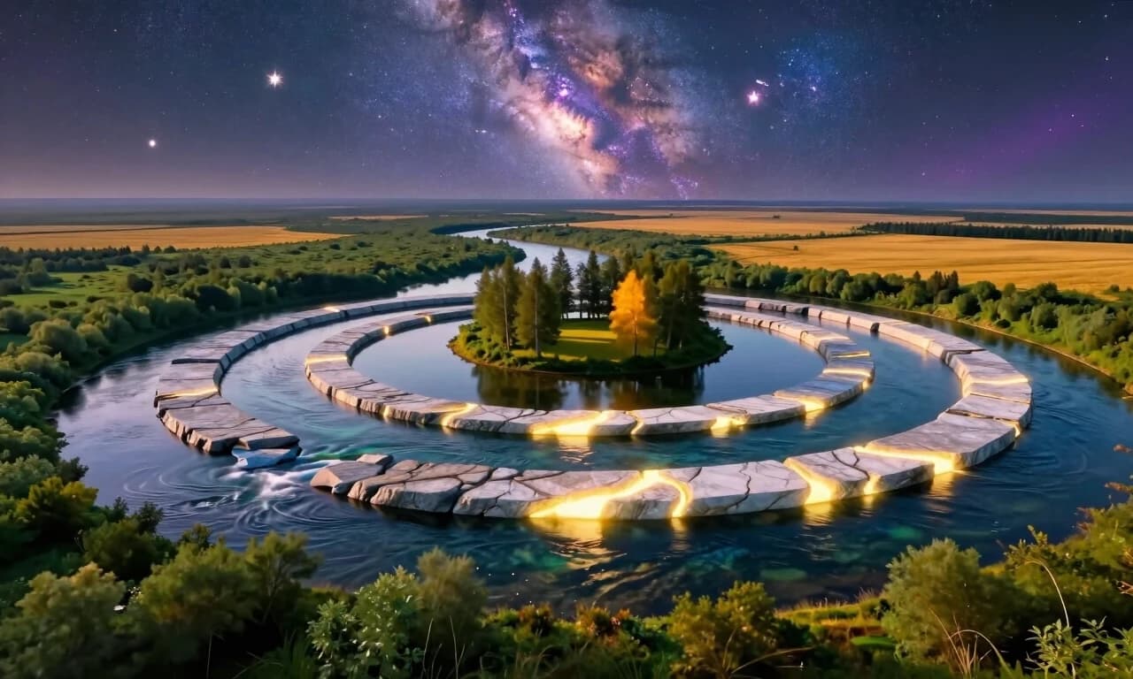 16:9, 4K, фотореалистичный, документальный фильм в стиле National Geographic. Гиперборея летом: скрытый ото льда континент, покрытый пышной изумрудно‑зеленой растительностью и золотыми полями. Из центральной круглой структуры вытекают четыре широких рукава реки, похожие на спицы колеса; они кристально чистые, с видимой рябью и отражениями неба. По главному кругу проходит широкий неглубокий ров или канал, поверхность которого напоминает зеркало и слегка светится.

Концентрические кольца (похожие на торы) сделаны из светлого камня с вкрапленными прожилками светящегося минерала; свечение мягкое и органичное, как биолюминесценция, а не резкий свет. В центре нет ни символа, ни эмблемы: вместо этого небольшая священная роща с высокими деревьями и естественная поляна, освещенная теплым солнечным светом.

Звезды изображены не в виде плоских фигур, а в виде крошечных острых точек с нежными ореолами и едва заметными контурами, создающими ощущение глубокого космоса. Млечный путь - это светящаяся текстурированная полоса с вкраплениями космической пыли. Цветовая палитра: изумруд, золото, бледный камень, глубокое синее небо, фиолетово‑лиловый космос, теплый солнечный свет. Движение: медленное вращение, легкая рябь на воде, колышущиеся листья, мягкое свечение, пульсирующее в прожилках камня, звезды, медленно плывущие в перспективе. Ни текста, ни логотипов, ни плоских эмблем.
