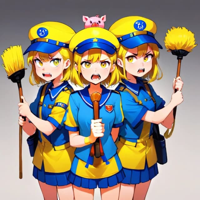 Teenagers with angry, stupid faces, in yellow and blue military uniforms, wearing military caps with pig-head cockades on their heads, holding brooms and plungers in their hands, a caricature