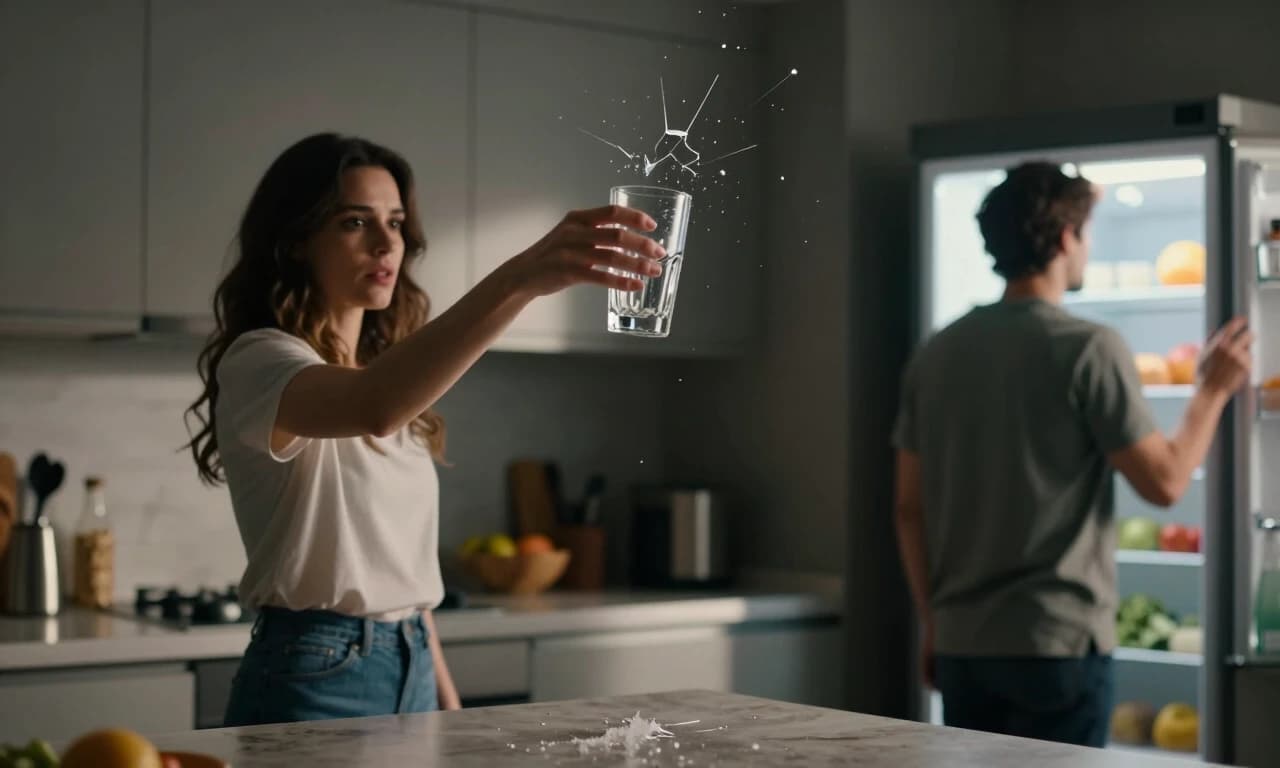 A single frozen moment in a kitchen: a woman dropping a glass from her hand mid-air, a man turned away toward the fridge unaware, the glass suspended in time representing the exact moment everything breaks, split-second tension, cinematic freeze frame, dramatic light, emotional storytelling, 8k --ar 16:9 --style raw