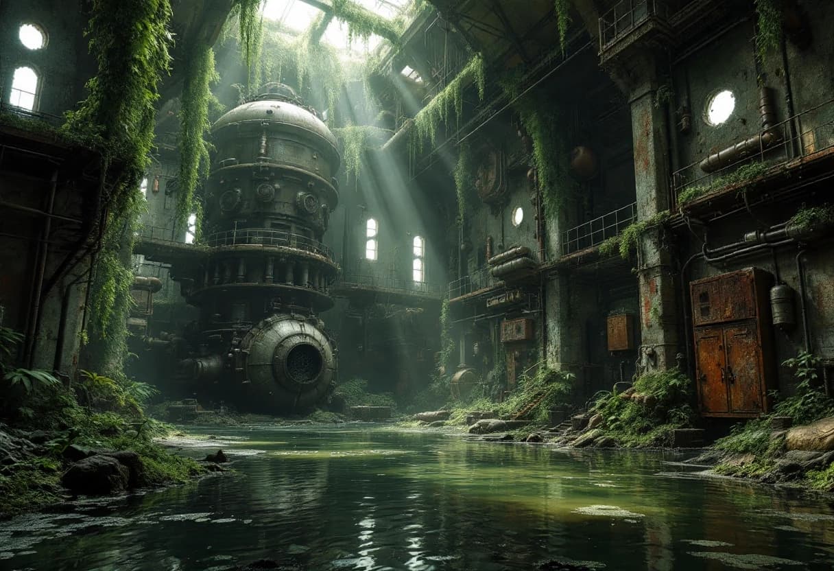 Cinematic wide shot of a decaying, abandoned military bunker hall, partially submerged in murky, stagnant water reflecting the overhead ruins. The atmosphere is heavy with post-apocalyptic melancholy and overgrown nature. Lush emerald moss, thick hanging vines, and long seaweed drape over massive, rusted industrial machinery and giant cylindrical steel capsules. Complex networks of corroded pipes with intricate valves, heavy-duty engines, tangled thick cables, and exposed ventilation systems weave through the space. Dilapidated steel galleries and catwalks overlook the flooded floor. Jagged holes in the reinforced concrete walls reveal distant, dim light, while rusted steel doors and heavy lockers stand partially swallowed by vegetation. The scene is cluttered with debris, scattered junk, and decaying technological relics. Dramatic chiaroscuro lighting with volumetric sunbeams piercing through ceiling cracks, highlighting floating dust motes and the wet, glistening textures of rust and foliage. Hyper-realistic digital art style, highly detailed textures, 8k resolution, industrial decay aesthetic, moody and atmospheric.