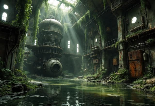 Cinematic wide shot of a decaying, abandoned military bunker hall, partially submerged in murky, stagnant water reflecting the overhead ruins. The atmosphere is heavy with post-apocalyptic melancholy and overgrown nature. Lush emerald moss, thick hanging vines, and long seaweed drape over massive, rusted industrial machinery and giant cylindrical steel capsules. Complex networks of corroded pipes with intricate valves, heavy-duty engines, tangled thick cables, and exposed ventilation systems weave through the space. Dilapidated steel galleries and catwalks overlook the flooded floor. Jagged holes in the reinforced concrete walls reveal distant, dim light, while rusted steel doors and heavy lockers stand partially swallowed by vegetation. The scene is cluttered with debris, scattered junk, and decaying technological relics. Dramatic chiaroscuro lighting with volumetric sunbeams piercing through ceiling cracks, highlighting floating dust motes and the wet, glistening textures of rust and foliage. Hyper-realistic digital art style, highly detailed textures, 8k resolution, industrial decay aesthetic, moody and atmospheric.