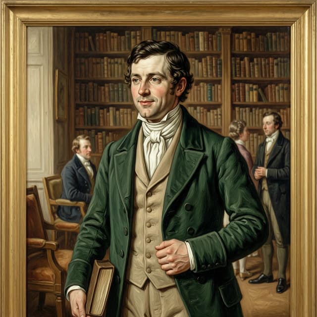Half-body portrait of a young man, 25–26 years old, England, 19th century, Regency era. Simple, natural features — not ideal, not from a magazine cover, but real. Dark hair, calm grey or light brown eyes, restrained, intelligent smile. Posture: stands upright, relaxed, holding a book or one hand lightly touching his waistcoat. Looks attentively, with interest — as if listening to someone. Wearing a dark green tailcoat, white shirt with a cravat, beige waistcoat, visible from the waist up. Style — 19th century oil painting: thick brushstrokes, volume, living shadows, fabric texture. Background — a library with books or a reception: soft light, blurred shelves or guests. 8K, maximum detail, vertical composition, blurred background.