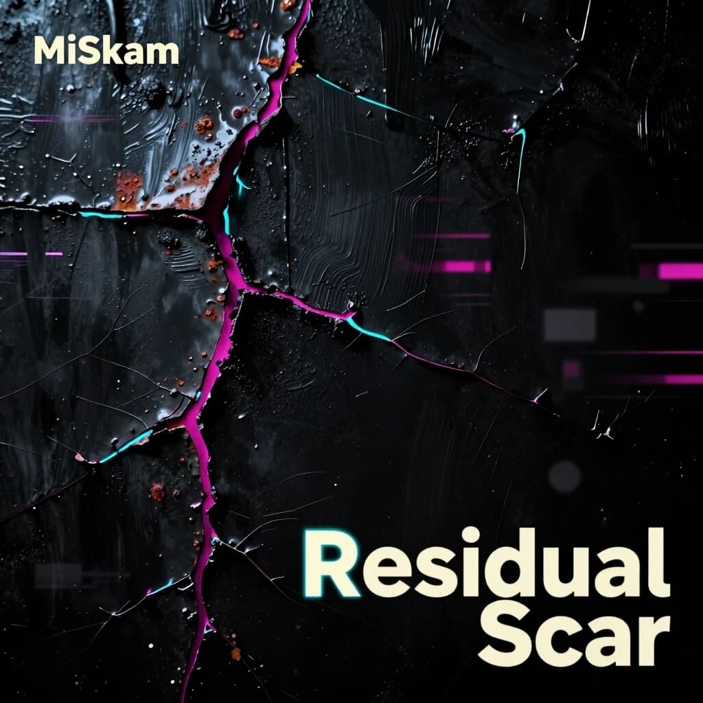 Dark, atmospheric leftfield bass album cover: abstract close-up of a textured surface with clean, non-anthropomorphic fissures and layered materials (matte black paint, oxidized metal, rough concrete), thin glowing veins of cold cyan and deep magenta light under the surface, subtle rust-like patina accents, low-key high-contrast lighting, heavy film grain and tactile detail, soft wet reflections and smoky haze, cinematic depth, melancholic and introspective mood, asymmetric composition with negative space on the right for title placement. Include faint, echo-like silhouettes or blurred geometric shapes in the background suggesting distant memories without depicting bodies. Style: gritty hyperrealism blended with painterly brushstrokes, slight glitch artifacts (scanlines, VHS distortion) used sparingly. Square format, 3000x3000px, high detail. Typography notes: artist name "MiSkam" top-left in small, condensed sans-serif, uppercase, subtle tracking; title "Residual Scar" bottom-right, larger, distressed/eroded typeface but abstracted (no literal wound imagery), color: muted bone-white with cyan rimlight; ensure text legibility against dark background, add thin drop shadow and grain to integrate. Optional parameters: --ar 1:1 --v 5 --q 2 --stylize 250 (adjust per model). For SD, try CFG 7–10, denoising 0.45–0.6. Seed keywords: "abstract fissure, oxidized metal, matte black, cyan glow, magenta rim, cracked paint texture, smoky haze, tactile grain, geometric echoes, leftfield bass cover."