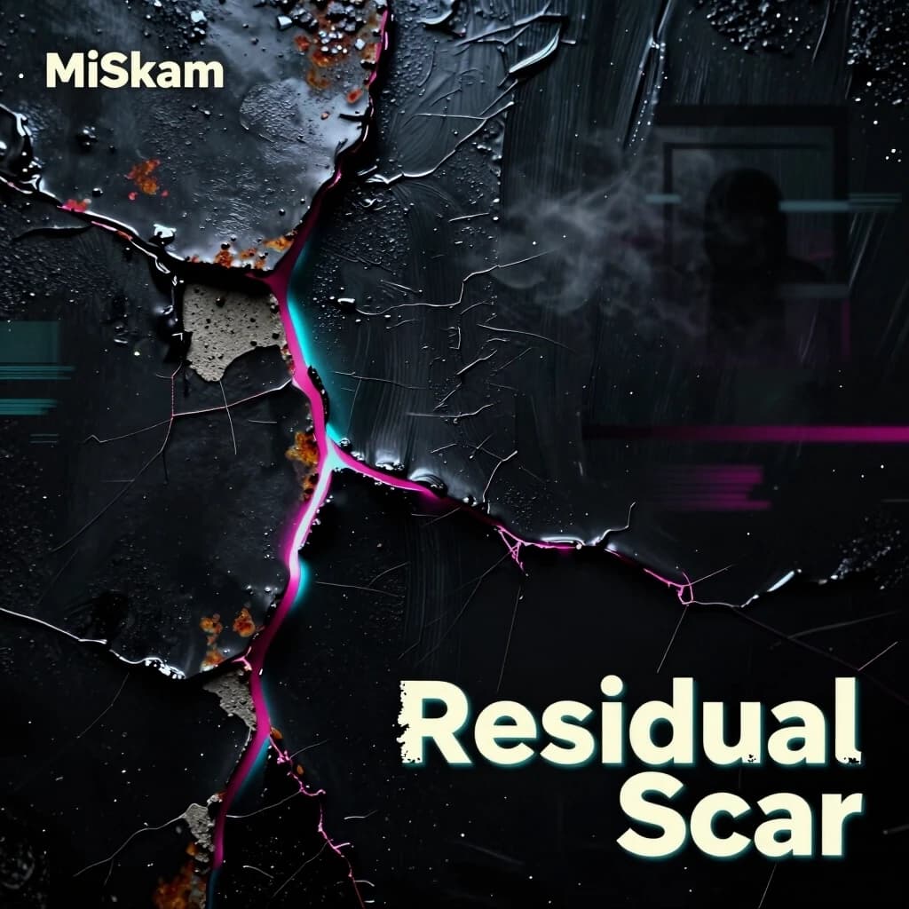 Dark, atmospheric leftfield bass album cover: abstract close-up of a textured surface with clean, non-anthropomorphic fissures and layered materials (matte black paint, oxidized metal, rough concrete), thin glowing veins of cold cyan and deep magenta light under the surface, subtle rust-like patina accents, low-key high-contrast lighting, heavy film grain and tactile detail, soft wet reflections and smoky haze, cinematic depth, melancholic and introspective mood, asymmetric composition with negative space on the right for title placement. Include faint, echo-like silhouettes or blurred geometric shapes in the background suggesting distant memories without depicting bodies. Style: gritty hyperrealism blended with painterly brushstrokes, slight glitch artifacts (scanlines, VHS distortion) used sparingly. Square format, 3000x3000px, high detail. Typography notes: artist name "MiSkam" top-left in small, condensed sans-serif, uppercase, subtle tracking; title "Residual Scar" bottom-right, larger, distressed/eroded typeface but abstracted (no literal wound imagery), color: muted bone-white with cyan rimlight; ensure text legibility against dark background, add thin drop shadow and grain to integrate. Optional parameters: --ar 1:1 --v 5 --q 2 --stylize 250 (adjust per model). For SD, try CFG 7–10, denoising 0.45–0.6. Seed keywords: "abstract fissure, oxidized metal, matte black, cyan glow, magenta rim, cracked paint texture, smoky haze, tactile grain, geometric echoes, leftfield bass cover."