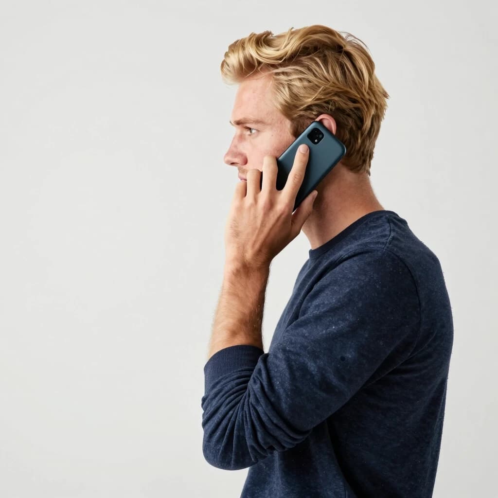 A blond guy is talking on a mobile phone, standing in profile