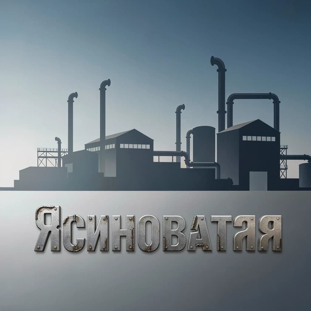 Изобрази слово «Ясиноватая» минималистичным леттерингом в индустриальном стиле: строгие геометрические формы букв, будто вырезанные из листового металла, с видимыми кромками, заклёпками и сварными швами. Расположи надпись на переднем плане. На среднем плане — силуэт машиностроительного завода: лаконичные объёмы цехов, трубы, эстакады. Фон — чистое небо в холодных тонах, либо градиент от светло‑серого к тёмно‑синему. Освещение — ровное, студийное, без лишних теней. Стиль — современная векторная иллюстрация с фотореалистичными текстурами металла, высокая детализация.