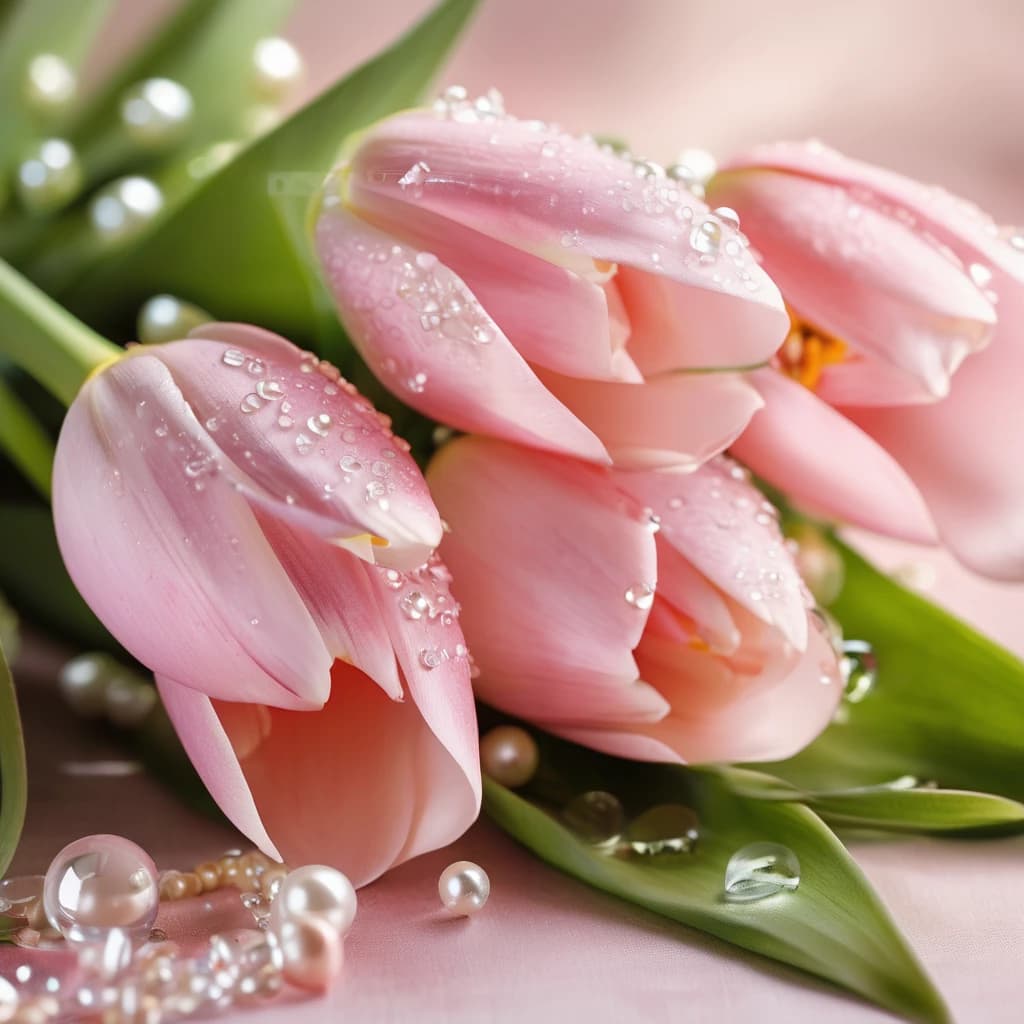 Luxury birthday greeting card, elegant bouquet of soft pink tulips, porcelain-like petals, decorated with dew drops and pearl beads, champagne satin ribbon with crystal centerpiece, feminine, glamorous, premium aesthetic, pastel pink tones, shallow depth of field, bokeh background, studio lighting, ultra detailed, realistic art style, classy floral postcard Style: realistic, luxury, elegant CFG: 7–9, Seed: random