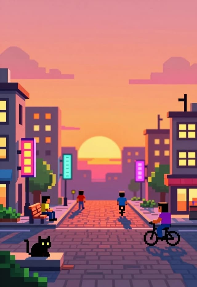 Side‑view pixel art city at sunset, 16:9 aspect ratio, 4K. Low‑rise pixel buildings with glowing windows, neon signs in retro colors, cobblestone streets with subtle texture, and a few pixel characters walking or sitting on benches. In the foreground, a small pixel cat curled up on a step. The sun is low on the horizon, casting long orange and pink shadows; the sky is a warm gradient with soft clouds. Subtle motion blur on a passing pixel bicycle for a sense of life. Crisp edges, clean palette, balanced composition, cozy and calm atmosphere reminiscent of indie games.