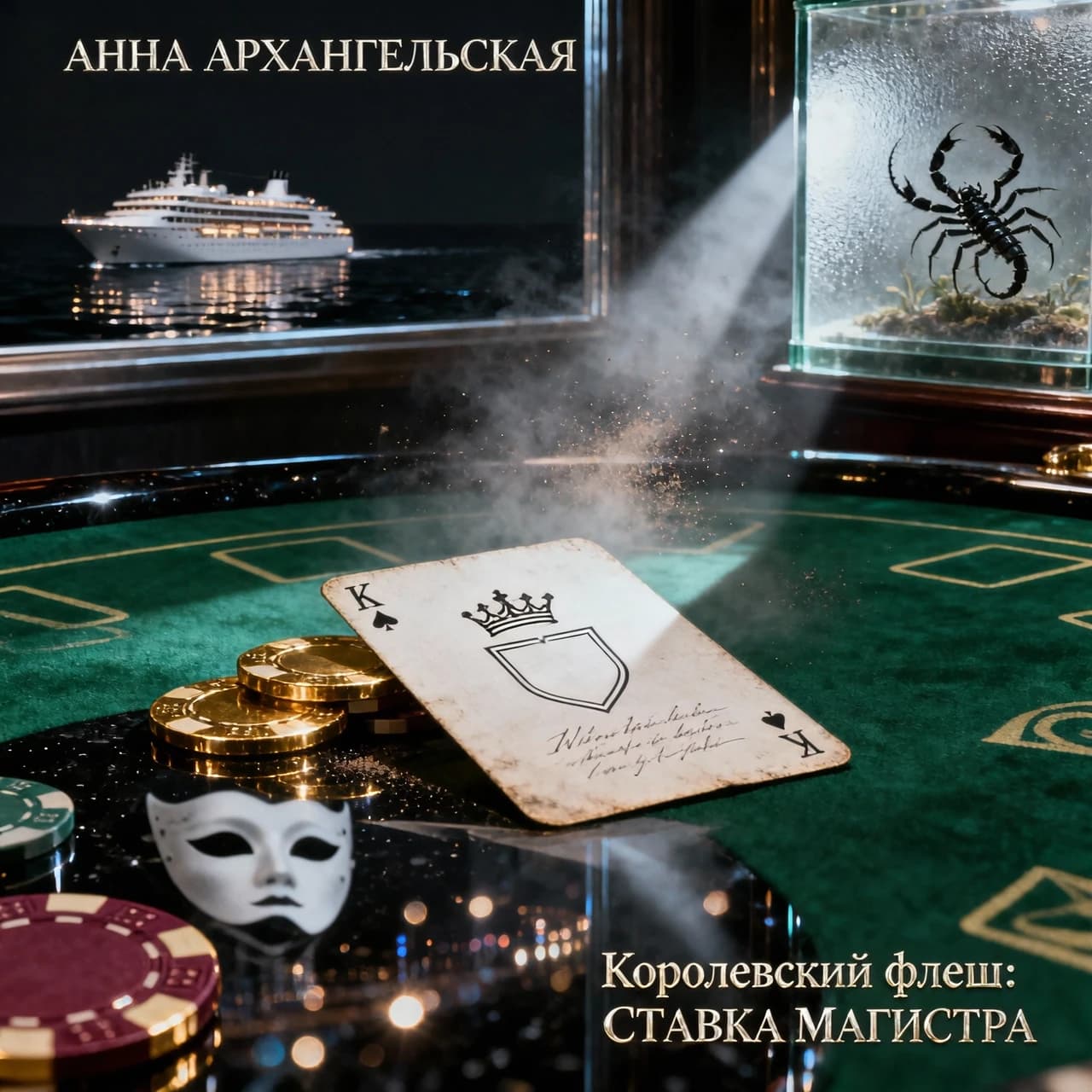 Premium A5 book cover for a detective thriller, vertical orientation. Cinematic realism, hyper-detailed photorealism. 

Composition: A macro close-up shot of a professional poker table covered in deep emerald-green felt. In the center, a single, slightly worn playing card—a "White King" without a suit, featuring a minimalist crown contour and an empty shield. The card is textured, with faint, handwritten script visible through the paper as light bleeds through it. Beside the card lie two or three high-end casino chips and a sharp, thin crack of light cutting through the darkness, like a focused spotlight. 

In the polished, dark reflection of the table's surface, there is a ghostly, sophisticated white masquerade mask and the blurred, bokeh lights of Monte Carlo. In the upper corner, subtly out of focus behind frosted glass, a small, elegant terrarium reveals the faint, non-grotesque silhouette of a scorpion. In the far distance, visible through a window, a magnificent, glowing modern cruise liner glides on the dark sea.

Atmosphere: Cold luxury, intellectual tension, and an impending sense of threat. A light haze hangs in the air with microscopic dust particles dancing in a single dramatic light beam.

Color Palette: Deep obsidian black, rich emerald green, polished gold, subtle blood-burgundy accents, and sharp silver highlights.

Typography (Russian language only):
Top: "АННА АРХАНГЕЛЬСКАЯ"
Королевский флеш:
СТАВКА МАГИСТРА
