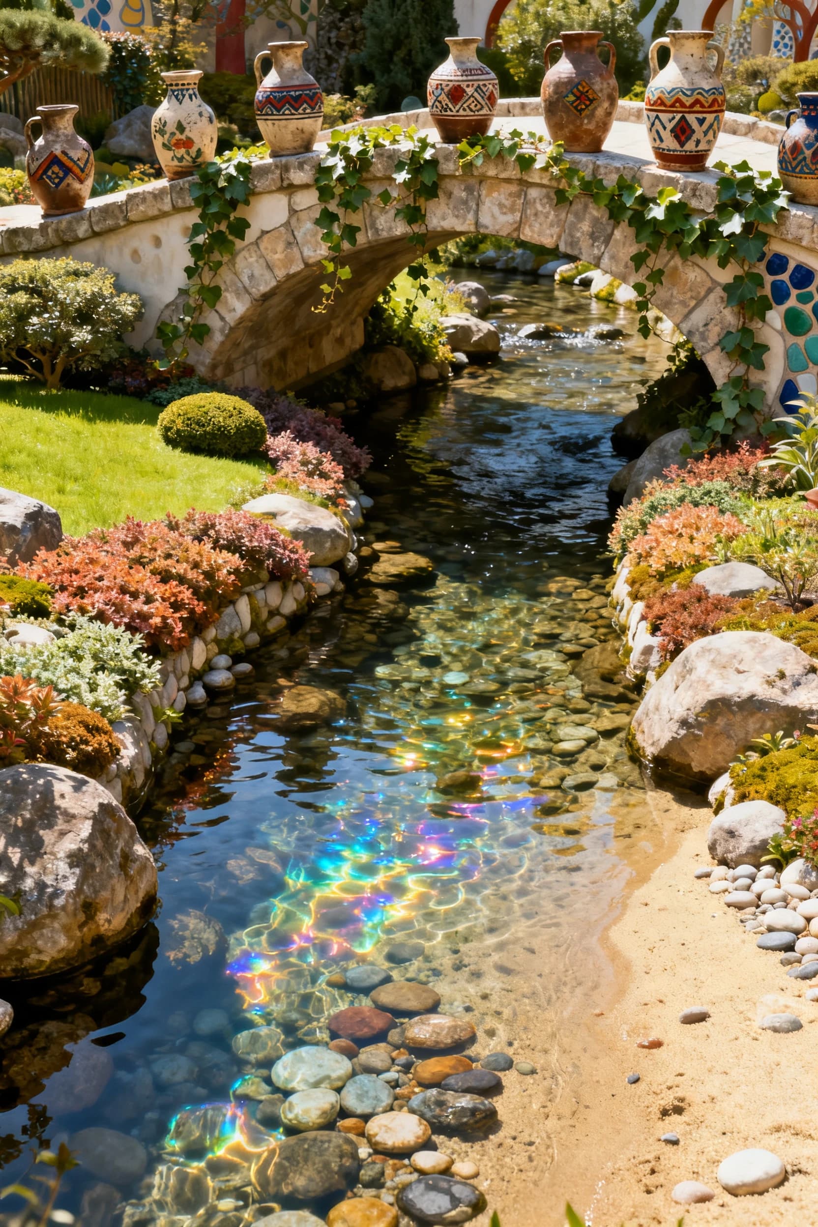 A small landscape architectural form in a style that combines Gaudí’s modernism and Japanese wabi‑sabi. A neat, well‑maintained rock garden with a stream in picturesque banks covered with decorative vegetation in contrasting shades. The water in the stream is clear, sparkles in the sun, and creates iridescent reflections. Through the clear water, you can see the sandy bottom with bright pebbles. A stone bridge spans the stream; its parapets are decorated with old jugs featuring ethnic ornaments and climbing ivy vines. In the style of Repin, Vasnetsov, and Josephine Wall. It’s magical and cozy.