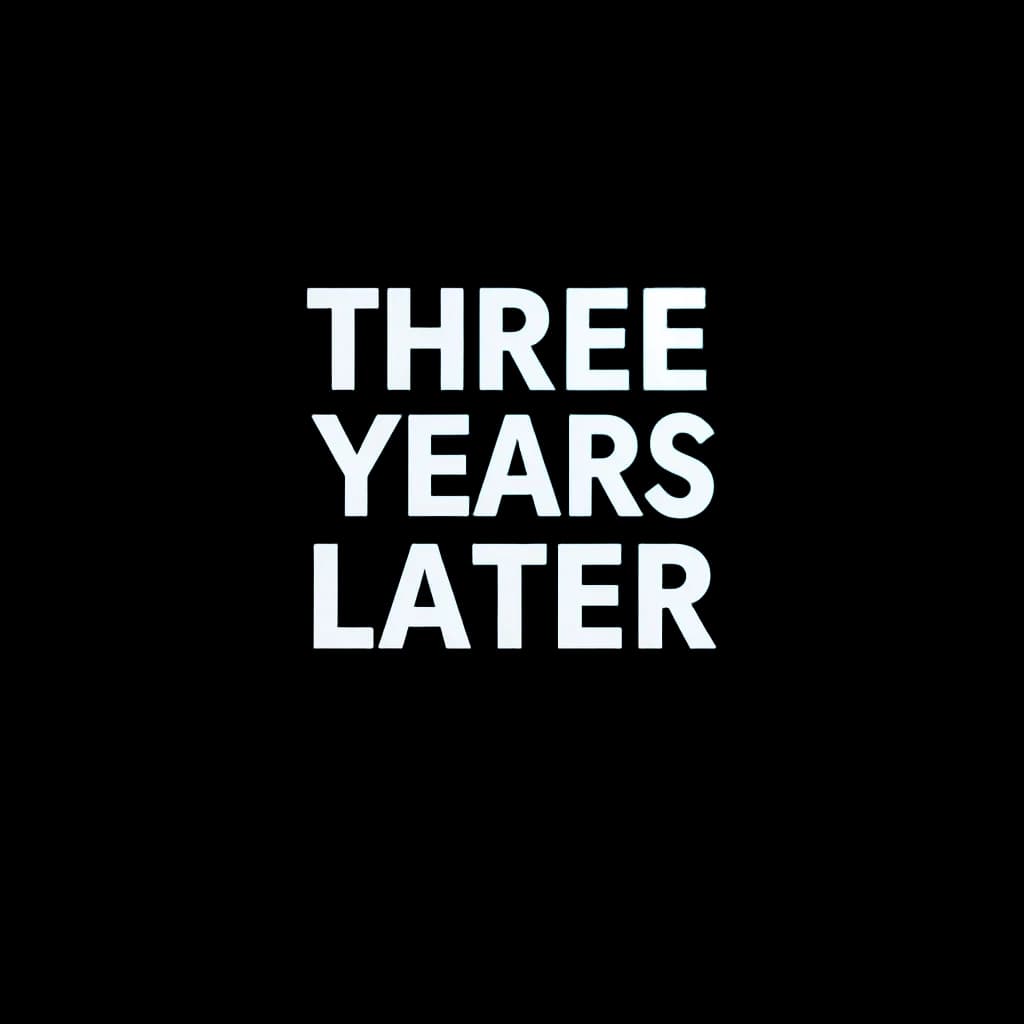надпись заглавными буквами: "THREE YEARS LATER". Свет от проектора падает на экран, создавая атмосферу драматичного момента. Стиль постера к фильму, высокое качество, 4K.