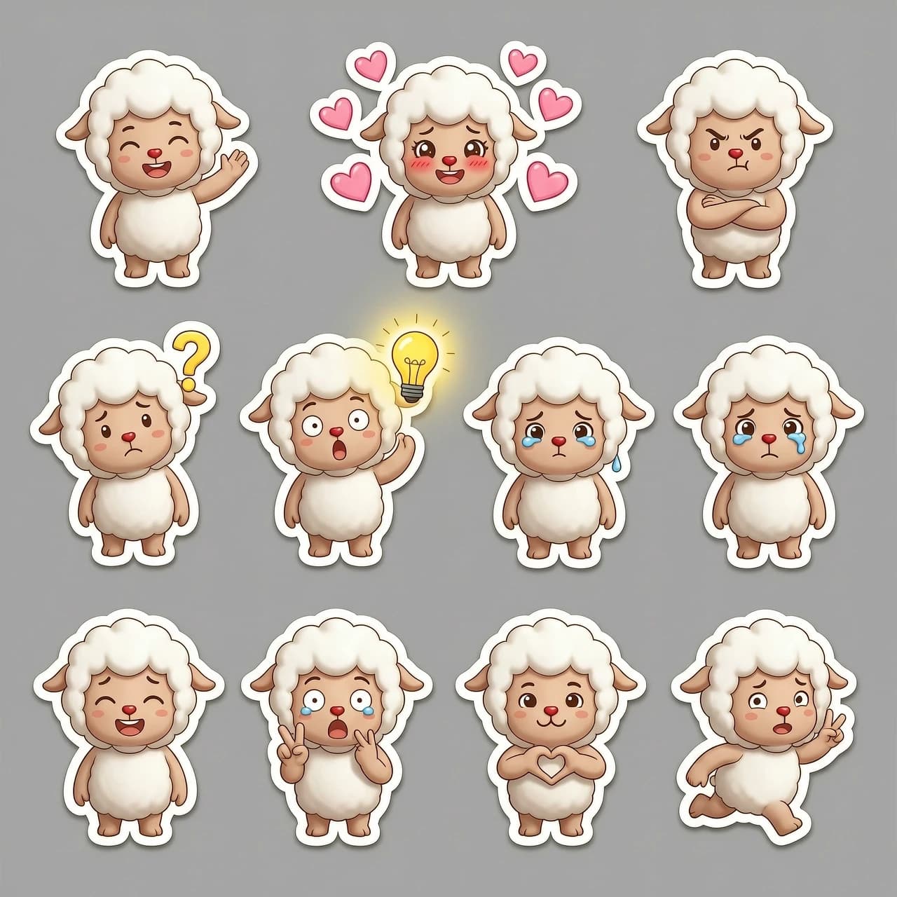 Sticker pack sheet of a cute sheep character, 3D cartoon style, high-quality render, C4D, Octane Render. The character has a red nose. The set includes multiple individual stickers with a consistent character design, each featuring a thin white die-cut border, isolated on a plain neutral grey background. 

The sticker set includes the following diverse expressions and poses, where facial emotions perfectly match the gestures:
1. to wave one's hand. 
3. Love-struck with blushing cheeks, sparkling eyes, and floating pink hearts around her.
4. Angry with furrowed brows, a pout, and crossed arms.
5. Confused with a tilted head and a bright yellow question mark above his head.
6. Inspired with a "Eureka!" moment, eyes wide, and a glowing yellow lightbulb floating nearby.
7. Sadness with teary eyes and a small teardrop falling.
8. Extreme surprise with wide eyes and an open mouth.
9. Peace sign with a cheerful smile and a "V" gesture with her fingers.
10. Making a heart shape with her hands, looking sweet and affectionate.
11. Running away in panic, looking back with a worried
