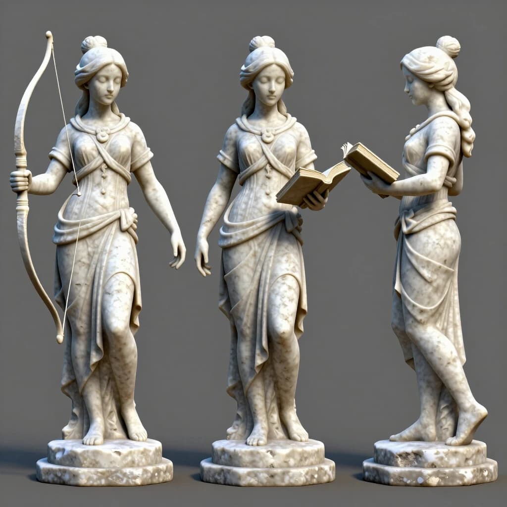stone statue of a young woman, RIGHT hand holding a bow, LEFT hand holding an open book, arms separated, no overlapping hands, four views: front, back, left side, right side, turnaround sheet, orthographic, white marble, weathered stone, snow dusted, pedestal, neutral background, concept art, game asset, high detail