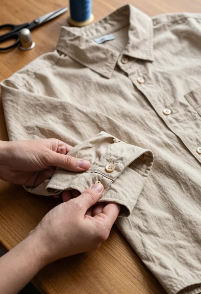Photorealistic, 8K, extreme detail. Close-up top-down shot of a beige button-up shirt laid flat on a wooden table. Someone’s hands are folding the sleeves and then folding the shirt in thirds; the focus is on the hands and the fabric. Show the texture of the cotton: slight irregularities in the weave, tiny threads, natural creases. The buttons are aligned precisely; you can see the tiny stitching around each button and the buttonholes.

The wooden table has visible grain and a matte finish; a small sewing kit (spool of thread, scissors, thimble) rests in the corner, slightly out of focus. Soft studio-like lighting from above creates gentle shadows in the folds and highlights the button’s contours.

Mood: calm, methodical, domestic. Lighting: soft diffused overhead light, minimal glare, precise shadows to emphasize folds and textures. Style: photorealistic still-life/lifestyle photography, strong emphasis on tactile realism, clean composition with depth of field.