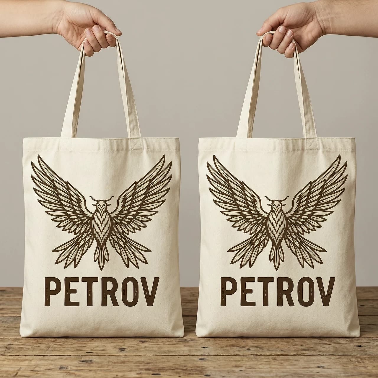 шопперы с рисунком крыльев и надписью PETROV