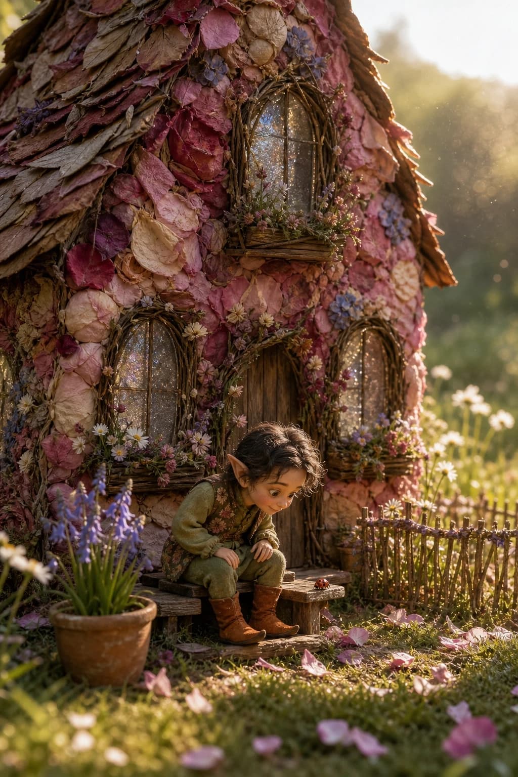 In the warm sunlight, a small gnome with dark, wavy hair, dressed in a linen tunic the color of moss, a waistcoat with a floral pattern, and suede boots in a terracotta shade, is sitting on a miniature wooden bench right by the house’s porch. He is gazing intently at a ladybug that has settled on the edge of the bench nearby — his gaze is fixed directly on it, his eyes wide with curiosity; you can see the insect’s glossy shell with dots, its slender legs, and its antennae. Behind the dwarf stands a spacious house with high walls that are fully visible in the frame: they are built from dense layers of rose petals, peonies, and hydrangeas, held together by thin stems; the roof is made of large dry leaves and overlapping petals, laid like shingles; the arched windows are framed by intertwined stems with small buds; instead of glass, there is frozen dew, shimmering with iridescent highlights; on the facade, there are tiny planters with wildflowers. In front of the house — a front garden with a small fence woven from twigs and lavender stems; next to it — a clay pot with bluebells and a scattering of petals on the grass. The gnome is deliberately small against the backdrop of the tall house. In the background — a softly blurred grassy slope with daisies; in the air — specks of dust and dew drops in a ray of light. 8K, photorealism, maximum detail.