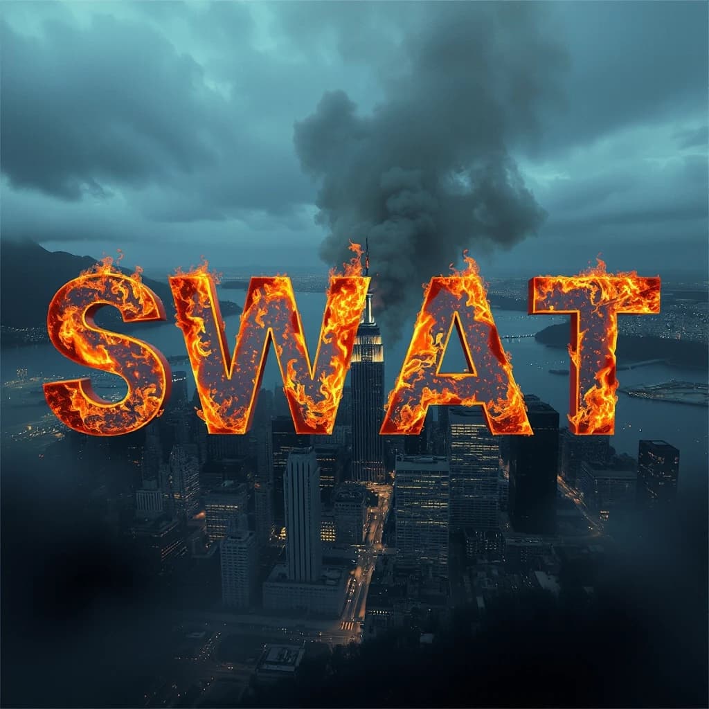сделай картинку с надписью SWAT чтоб на заднем фоне был огонь и город