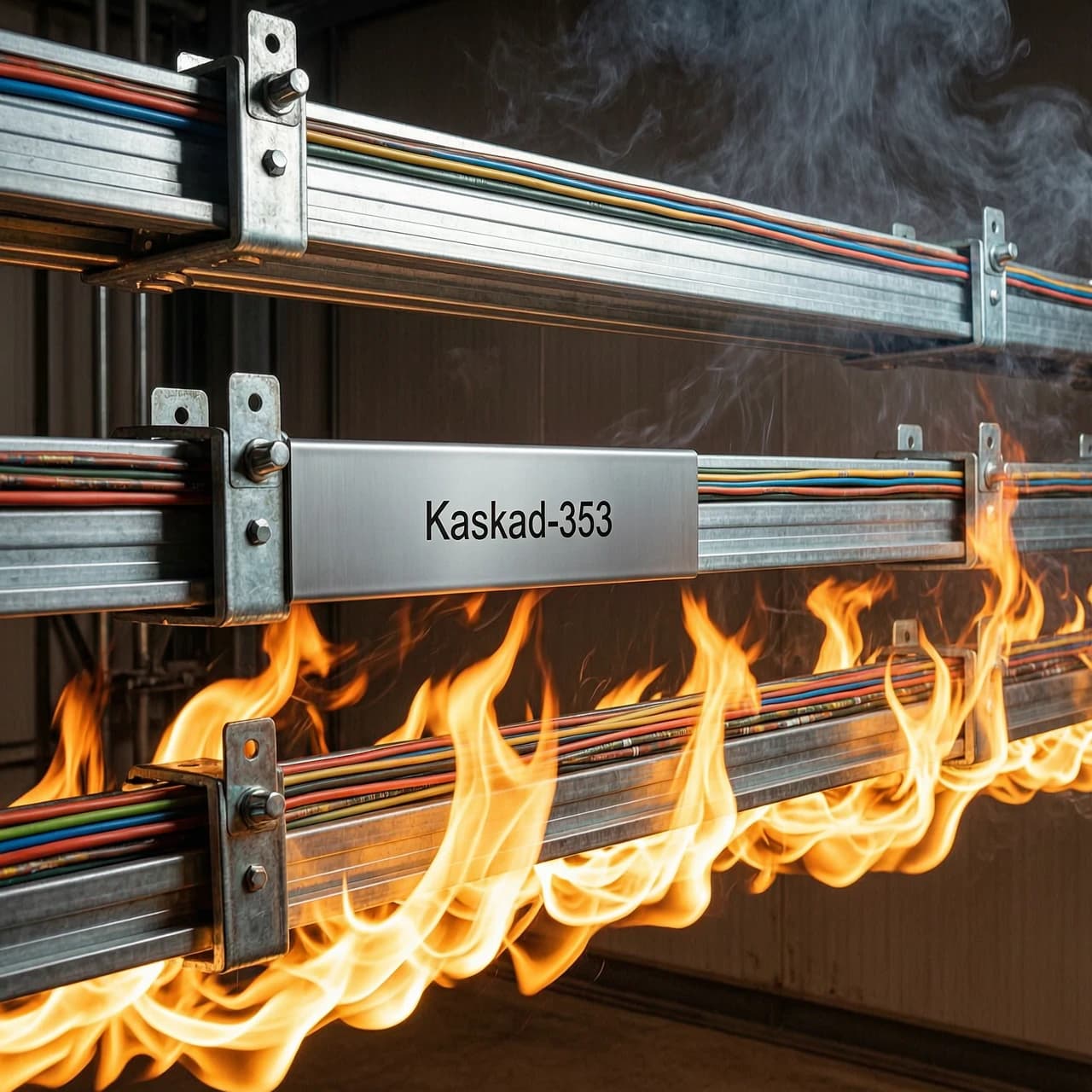 Side view cinematic shot of a professional cable gallery featuring three tiers of ladder-type cable trays. At the bottom, intense, realistic tongues of orange and yellow flame lick the base of the lowest tray, creating a dramatic high-contrast scene. Positioned strategically between the 1st and 2nd tiers is a "Kaskad-353" protective panel in a sleek silver-gray metallic finish; the bright firelight reflects vividly off its smooth surface. The cables on the 2nd and 3rd tiers remain untouched and pristine, with clearly visible, sharp, multi-colored wire markings and insulation textures. The composition emphasizes the lightweight and modular nature of the installation, showcasing simple, functional galvanized steel angle brackets and mounting hardware. Hyper-realistic industrial photography style, macro details of metal textures and electrical insulation, dramatic chiaroscuro lighting, embers and heat haze in the air, sharp focus, 8k resolution, engineering precision.