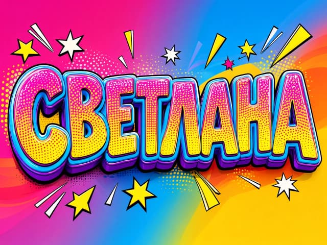 Градиентный мультицветной фон с переходами цвета. Крупная объёмная надпись кириллицей «СВЕТЛАНА» в центре изображения. Буквы и цвет в стиле поп-арт