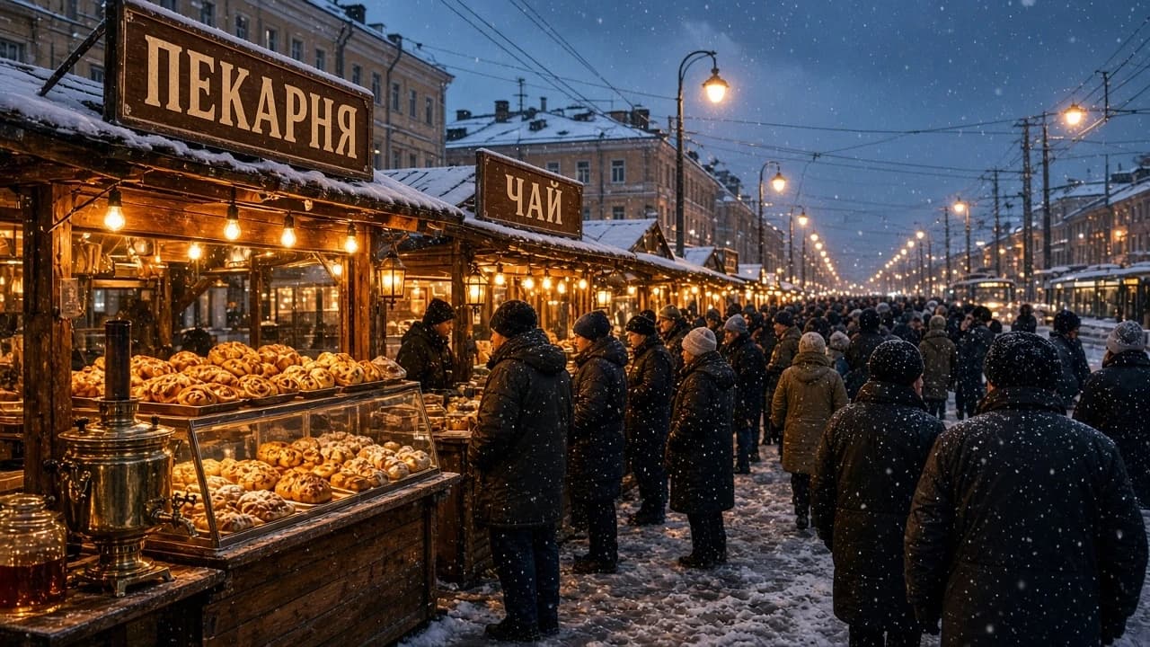 A wide-angle eye-level documentary photograph of a busy evening winter street market in a Russian city: wooden stalls with samovars and pastries, shop signs reading "ПЕКАРНЯ" and "ЧАЙ" in crisp legible Cyrillic, trolleybus wires overhead, a dense crowd in heavy coats, warm sodium lamps against cold blue dusk, snow dust in the air, straight verticals, reportage photography finish.