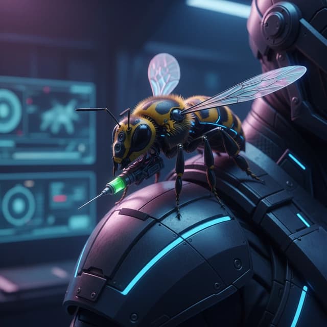 Futuristic microdrone weapon resembling a real bee, ultra-compact and barely noticeable, with segmented metallic yellow-black body and translucent nanopolymer wings. Embedded with miniature optical cameras, sensors, and micro-syringe weapon or nano-blades. Perched on high-tech human armor, ready for covert deployment. Designed for reconnaissance, target elimination, and intelligence gathering at long distances. Subtle, threatening, biologically accurate yet clearly mechanical if seen up close. Science fiction lighting, highlighting technological sophistication and stealth.” гиперреализм, 8к,  формат 16:9