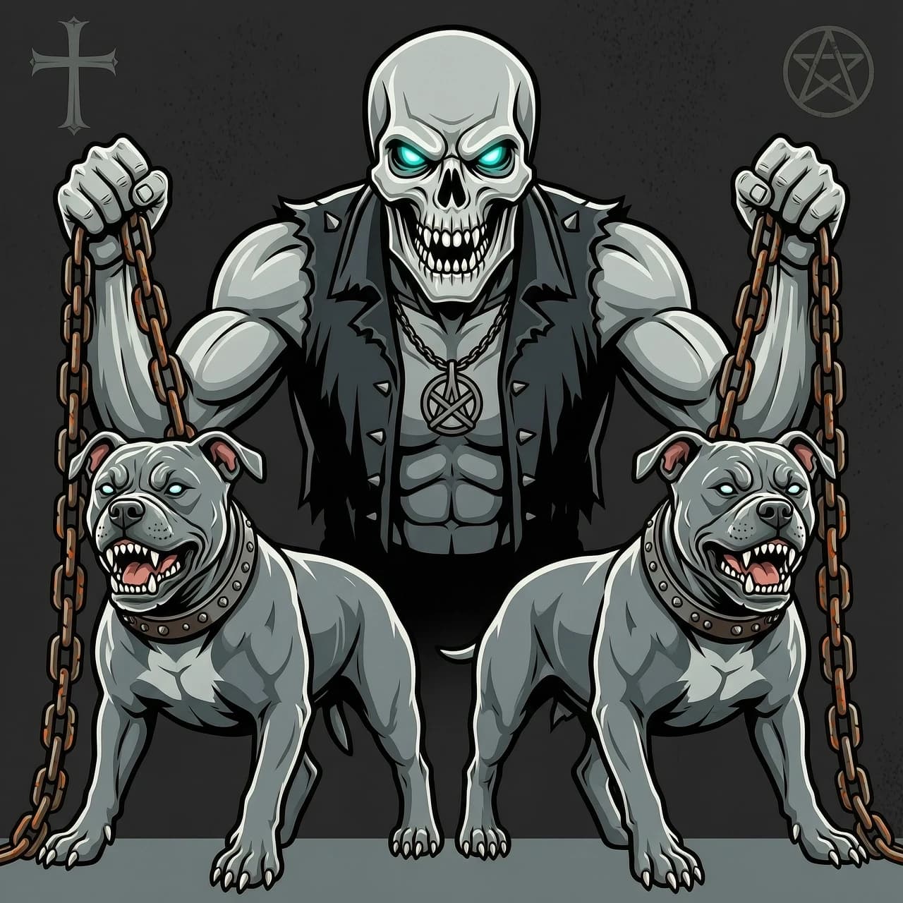 Vector art, flat design with strong black outlines, style inspired by Iron Maiden album art. A demonic figure with skeletal features and glowing eyes holds two aggressive pitbulls by heavy metal chains. Pitbulls are muscular, with cropped ears and snarling expressions. Chains are thick, rusty, with visible links. Background is minimal, dark grey with subtle texture.