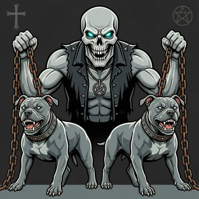 Vector art, flat design with strong black outlines, style inspired by Iron Maiden album art. A demonic figure with skeletal features and glowing eyes holds two aggressive pitbulls by heavy metal chains. Pitbulls are muscular, with cropped ears and snarling expressions. Chains are thick, rusty, with visible links. Background is minimal, dark grey with subtle texture.