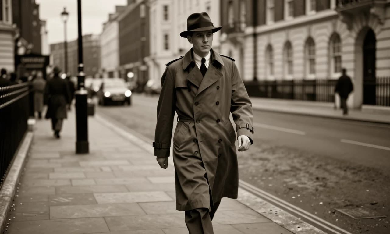 1940s man in trench coat and hat walking London street at dusk, moody cinematic lighting, sepia tone