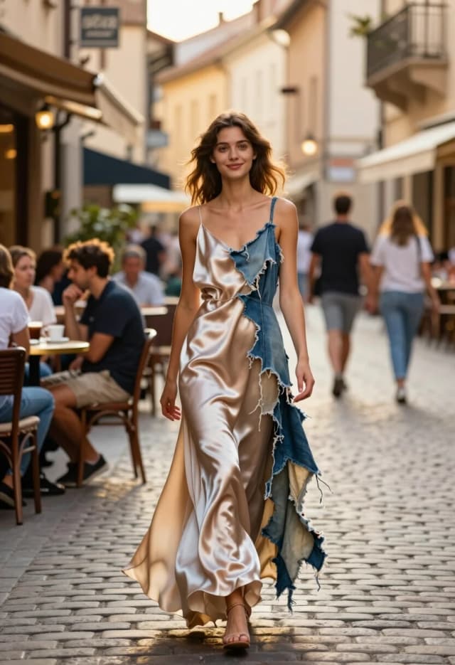 A hyper-realistic full-body shot of a gentle, ethereal young woman walking toward the camera on a vibrant pedestrian street in an ancient European town. She has a warm, welcoming expression and a kind, open gaze. She is wearing a stunningly asymmetrical, long flowing dress that is a surreal blend of styles: one side is a graceful, shimmering silk fabric that drapes softly, while the other side dissolves into ragged, distressed strips of linen and weathered denim. The street is alive with atmosphere: cozy outdoor cafes with small round tables, people sitting and chatting over coffee, and blurred pedestrians strolling in the background. Warm golden hour light fills the scene, casting soft shadows on the cobblestones. 8k resolution, shot on 35mm lens for a wider cinematic view, extreme detail on the contrast between smooth silk and frayed rags, photorealistic, soft natural color palette, capturing a vivid urban moment of beauty and vulnerability.